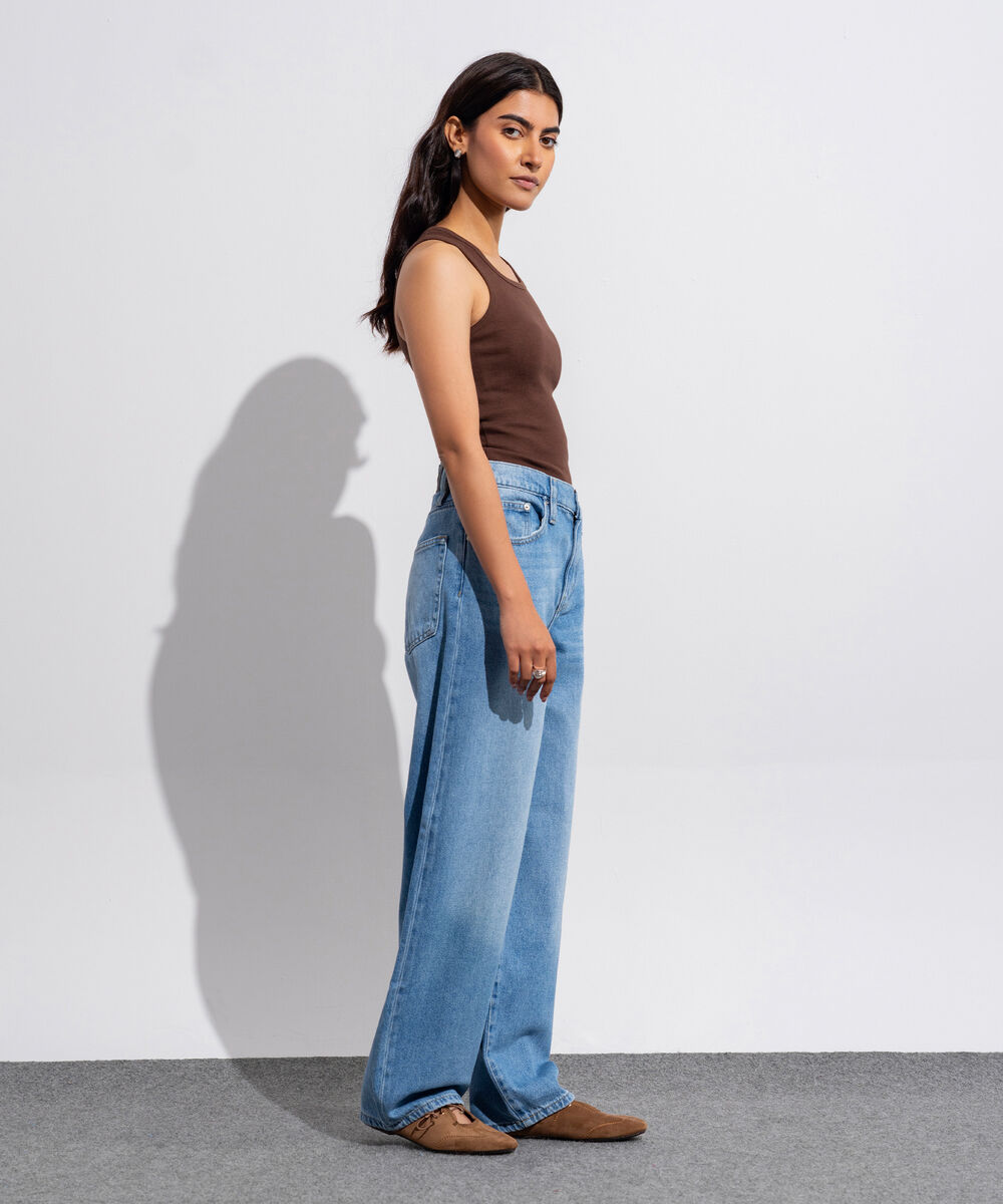 Women's Western Wear Denim Wide Leg Fit Indigo Blue - Mid Worn Jeans
