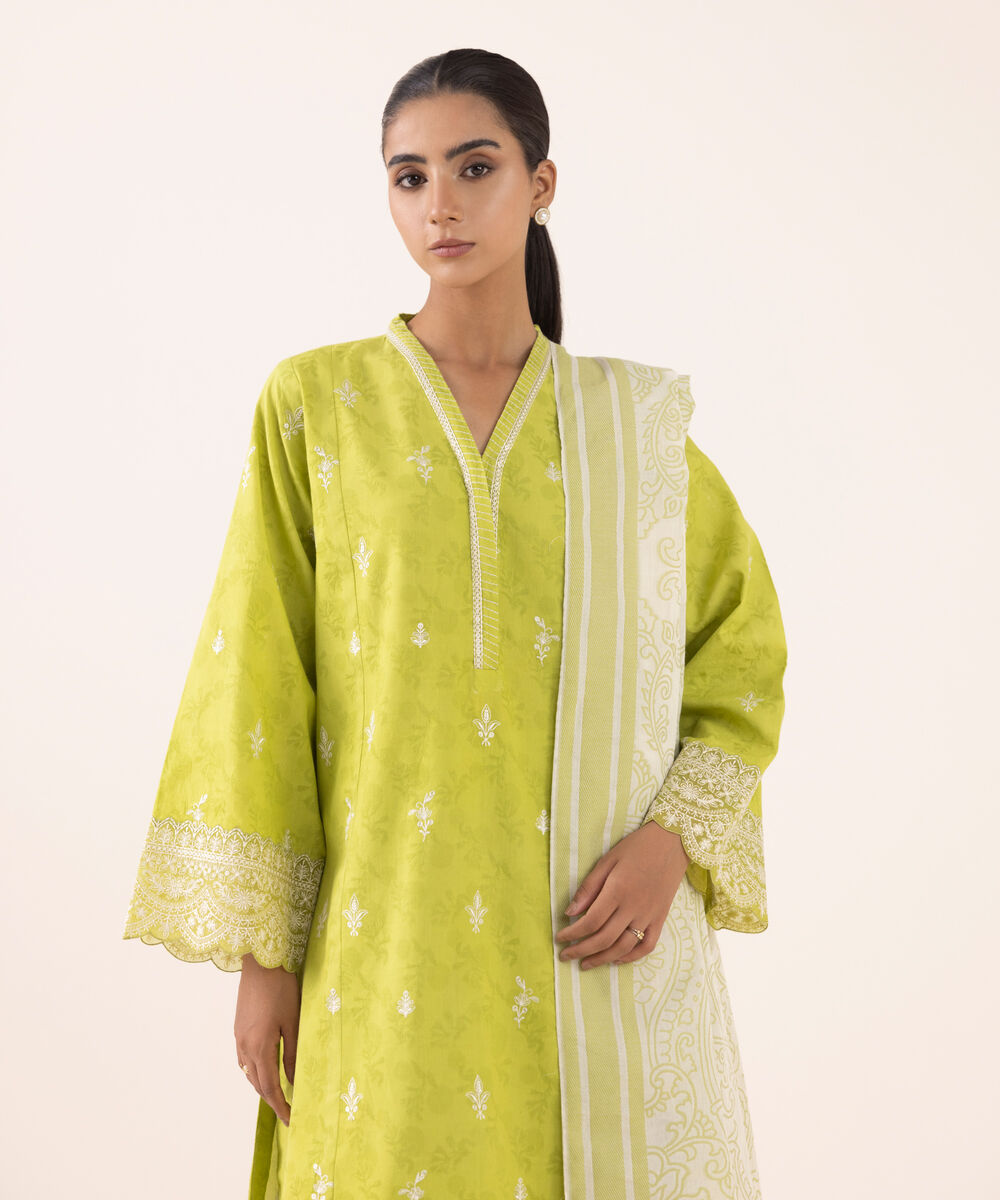 Women's Unstitched Jacquard Embroidered Green Three Piece Suit