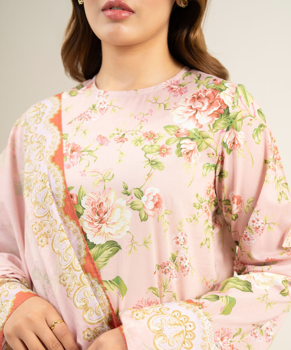 Women's Unstitched Lawn Embroidered Tea Pink 2 Piece Suit