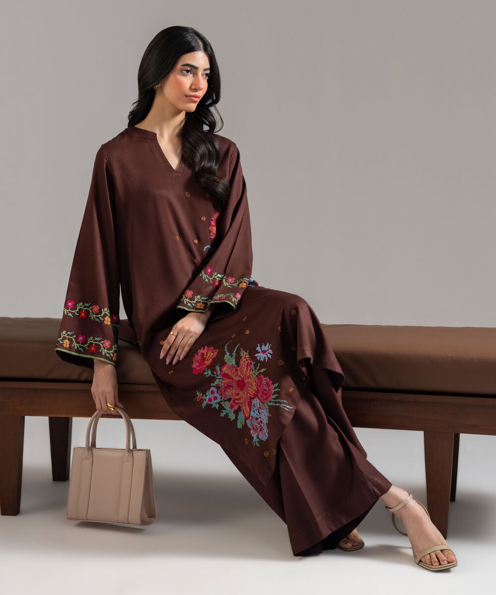 Women's RTW Bedford Solid Embroidered Brown Straight Shirt