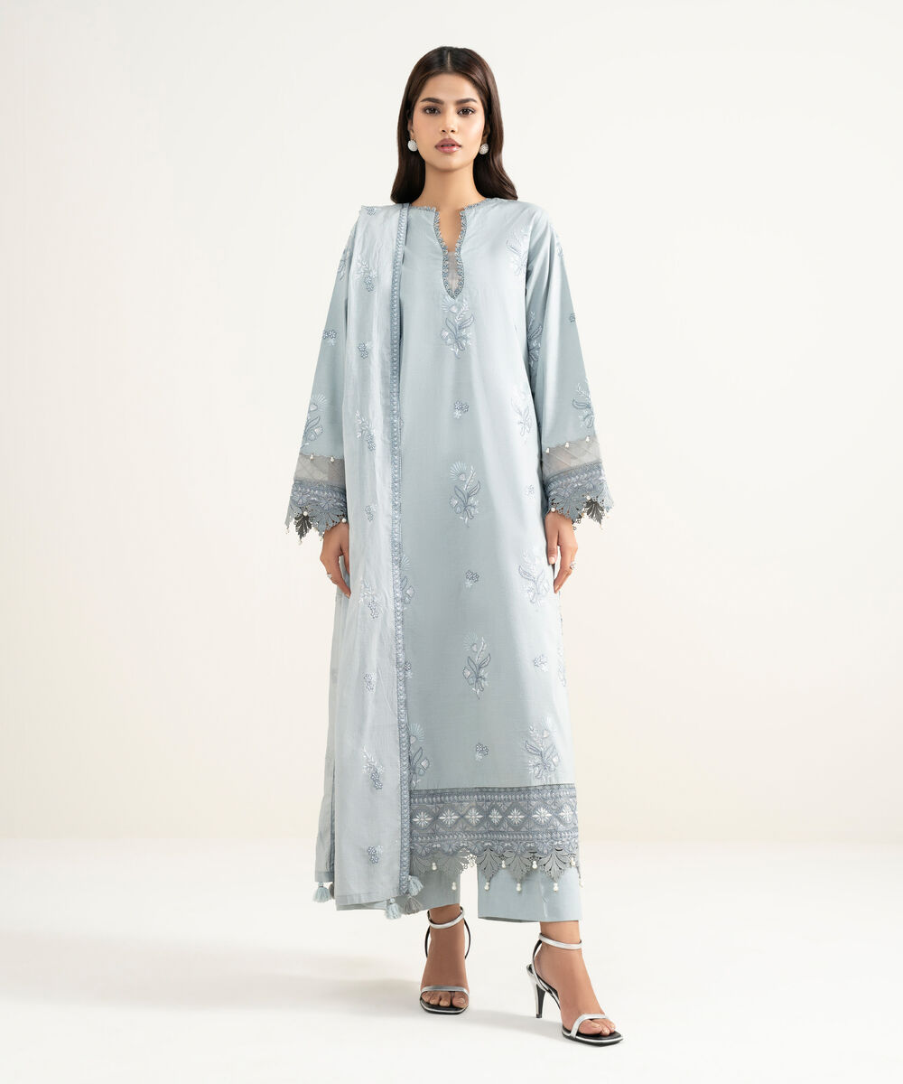Women's Unstitched Textured Lawn Embroidered Grey 3 Piece Suit