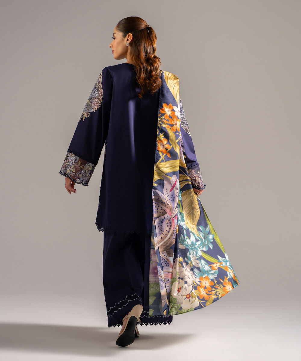 Women's RTW Slub Lawn Embroidered Dark Blue 3 Piece Suit