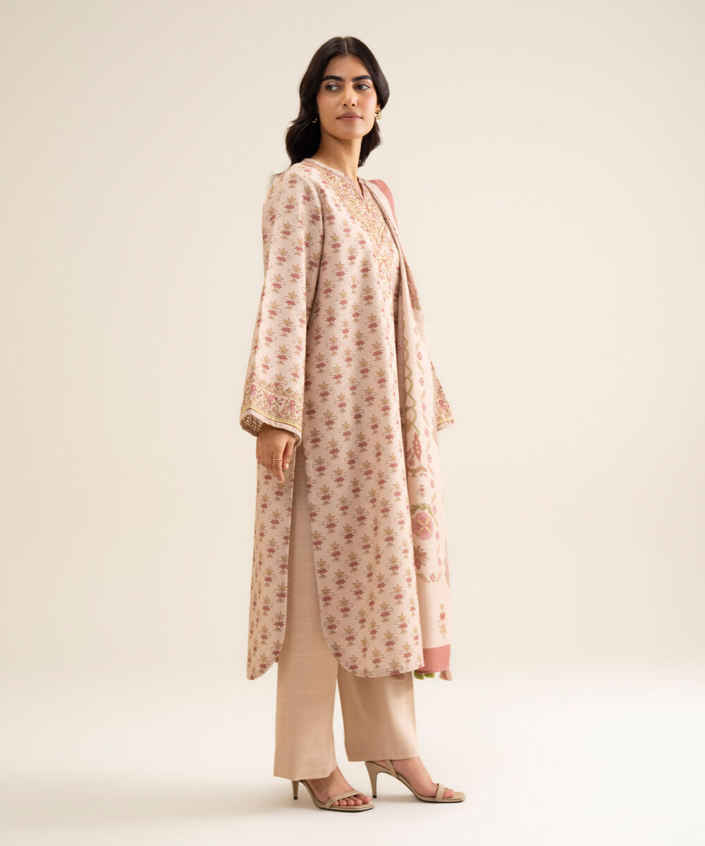 Women's Unstitched Cotton Embroidered Beige 3 Piece Suit