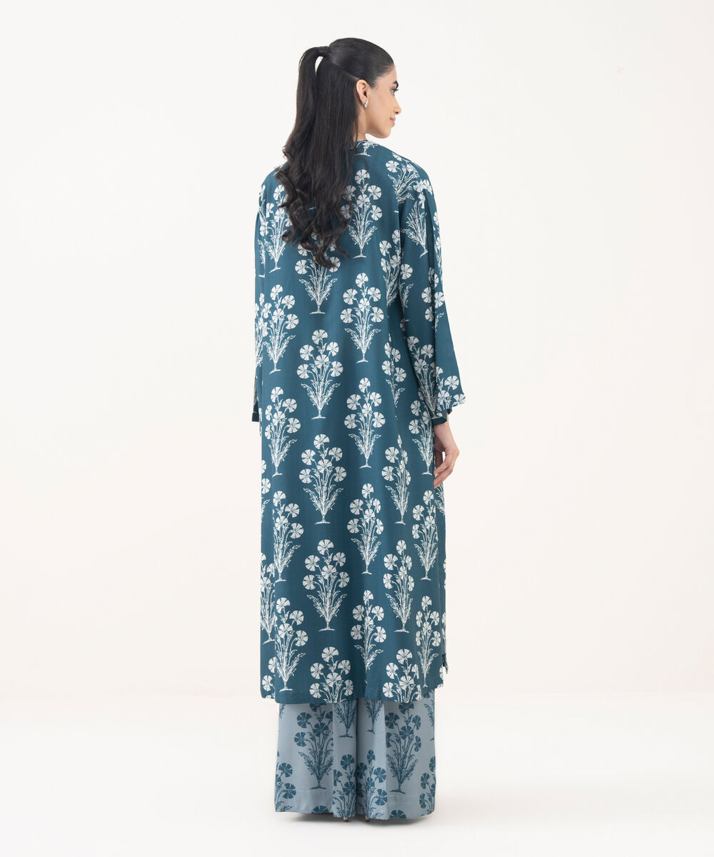 Women's RTW Viscose Linen Blue Printed Drop Shoulder Shirt