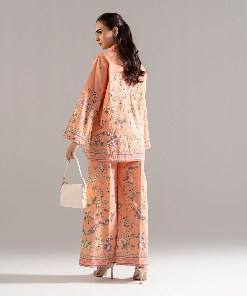 Women's RTW Seersucker Printed Peach 2 Piece Suit