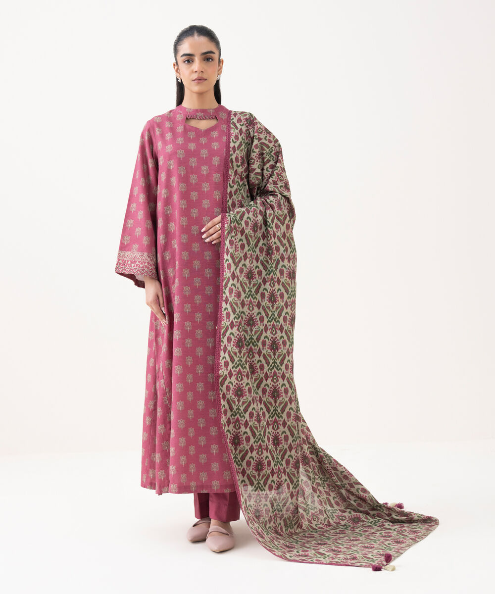 Women's Unstitched Khaddar Printed Pink 3 Piece Suit