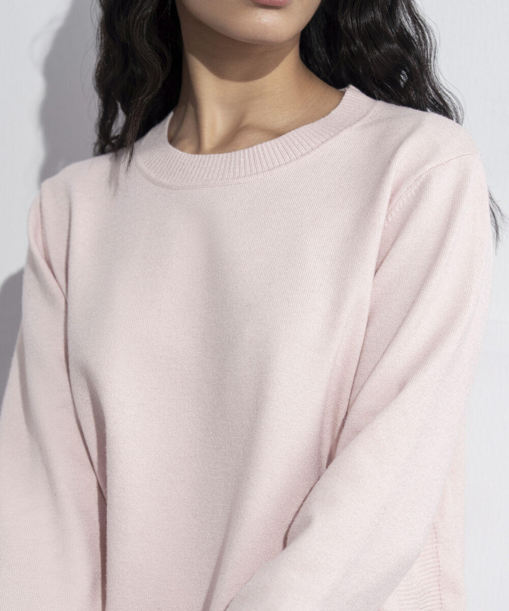 Women's Western Wear Powder Pink Knit Sweater With Round Hem
