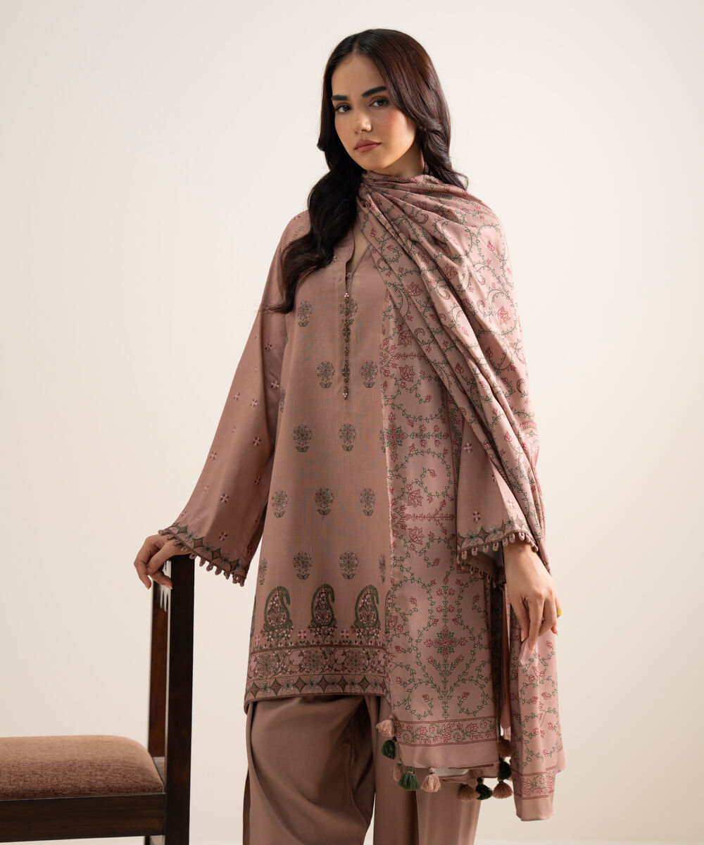 Women's Unstitched Embroidered Linen Pink 3 Piece Suit
