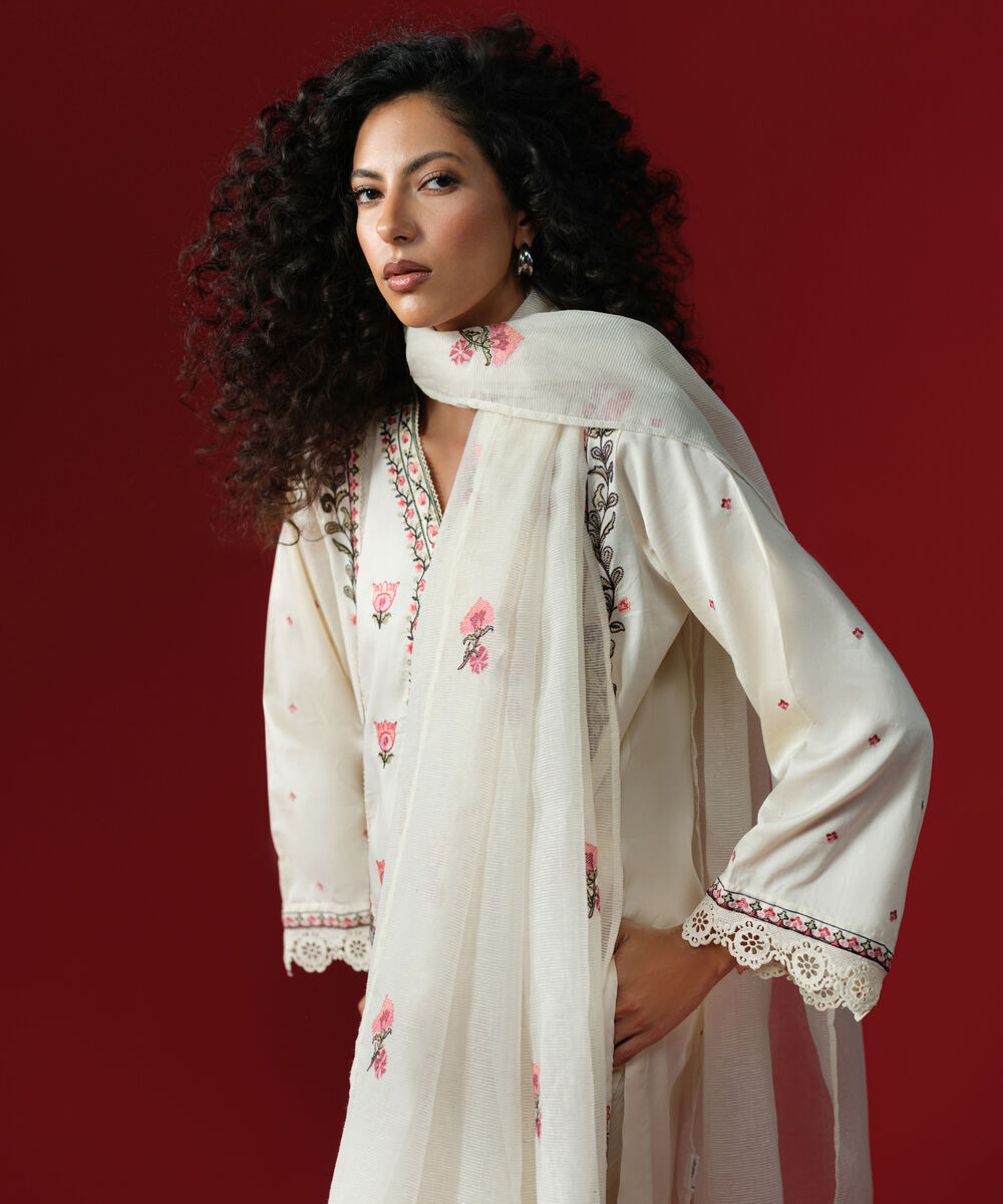 Women's RTW Cotton Satin Off White Embroidered A-Line Shirt