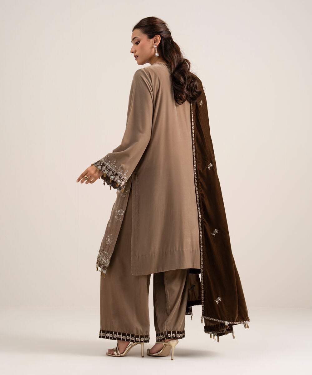 Women's Unstitched Embroidered Velvet Beige 3 Piece Suit