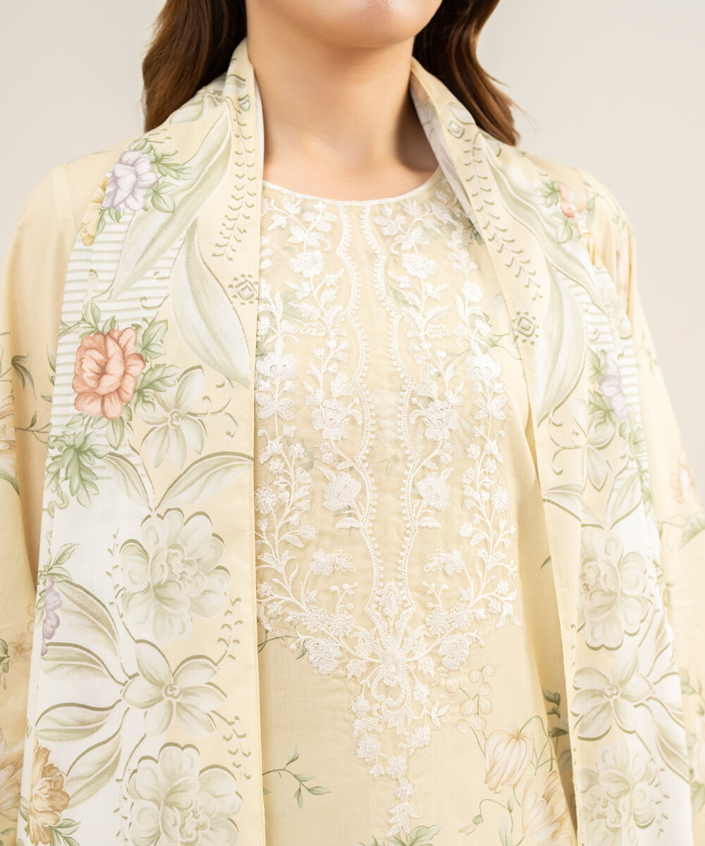 Women's Unstitched Lawn Embroidered Light Yellow 2 Piece Suit
