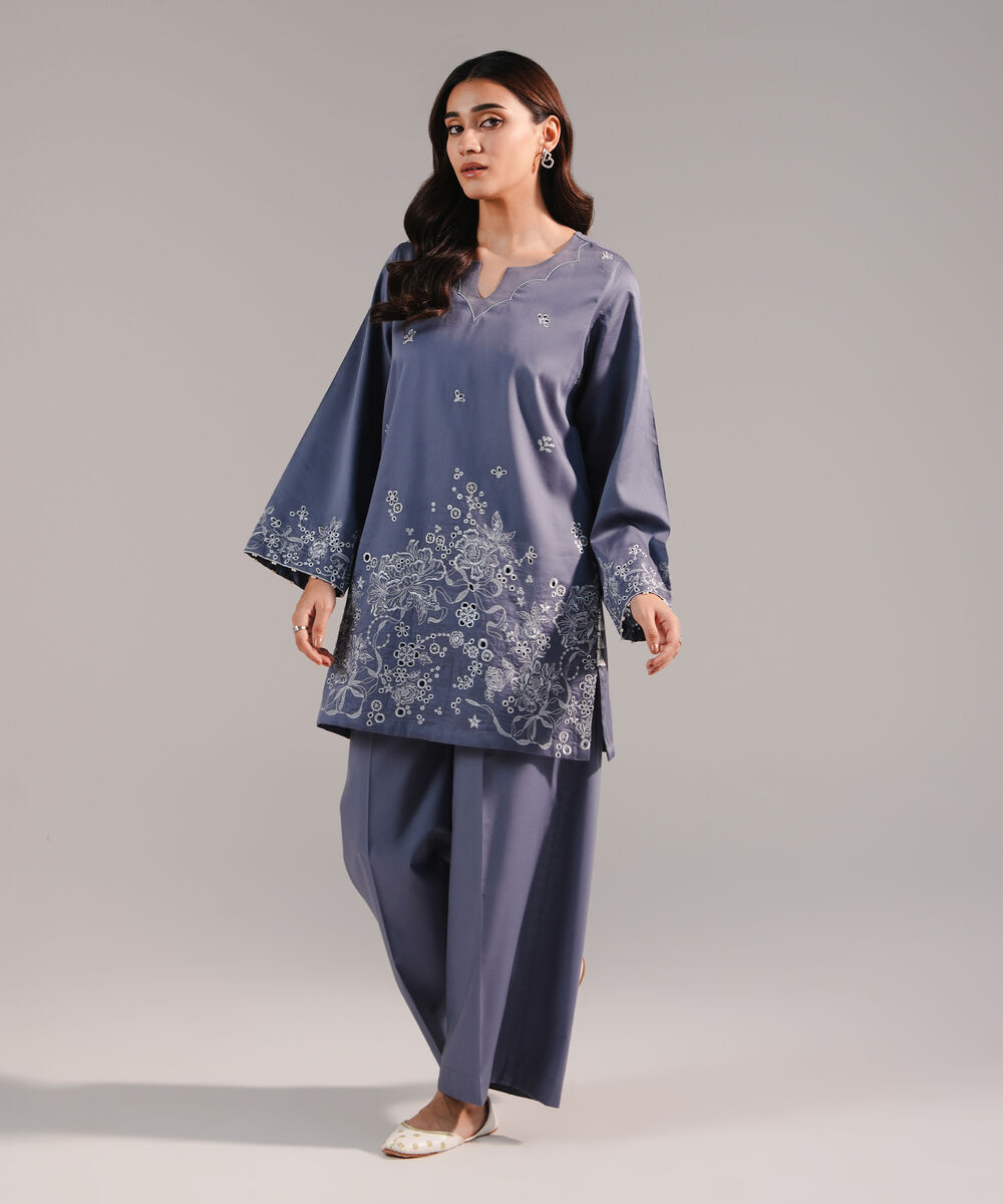 Women's RTW Cotton Satin Embroidered Steel Grey Straight Shirt