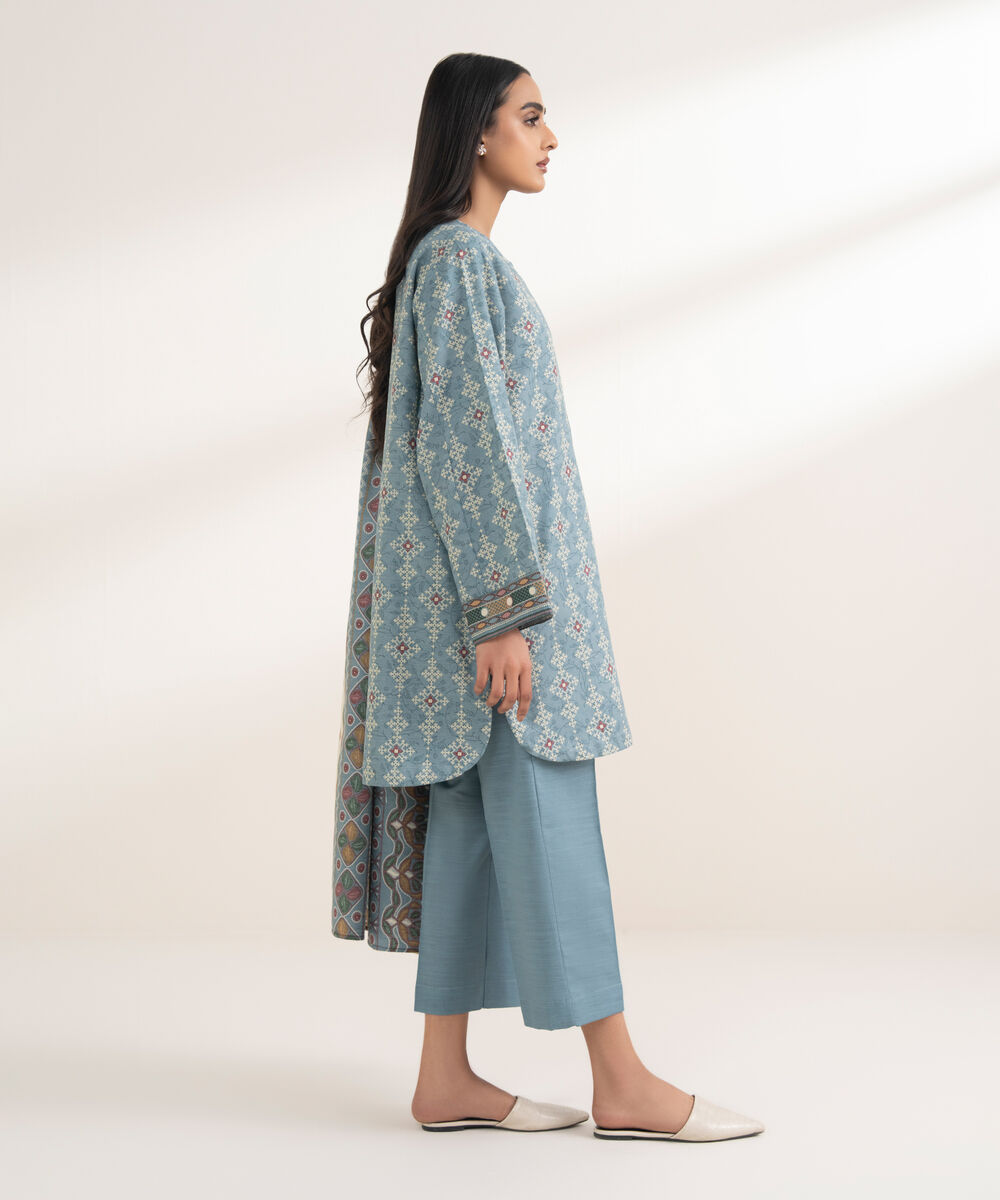 Women's RTW Khaddar Printed Blue 3 Piece Suit