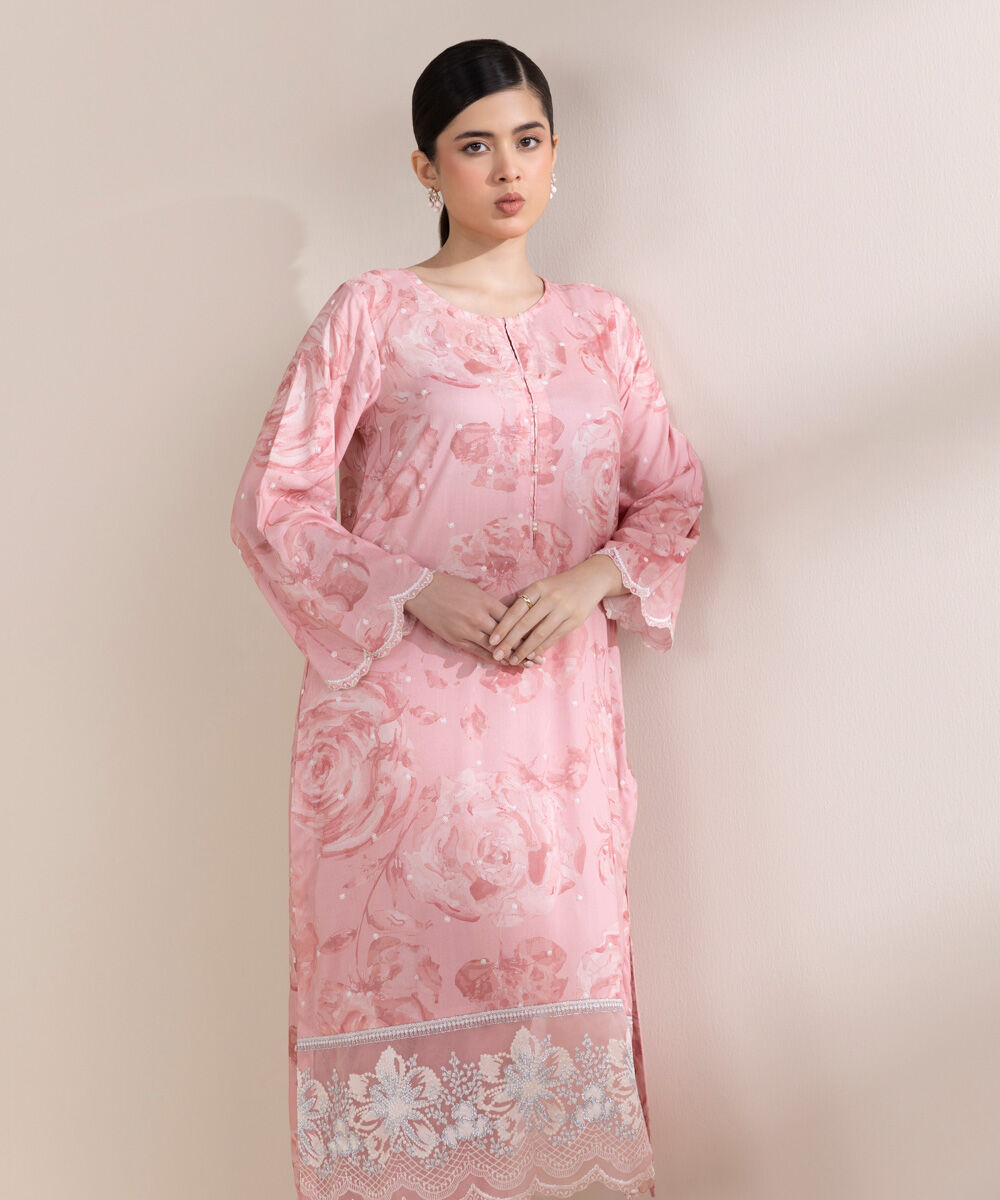 Women's Pret Arabic Lawn Pink Embroidered A-Line Shirt