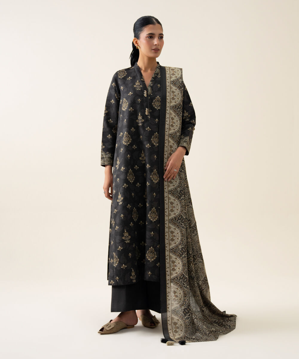 Womens Unstitched Light Khaddar Printed Dark Grey 3 Piece Suit