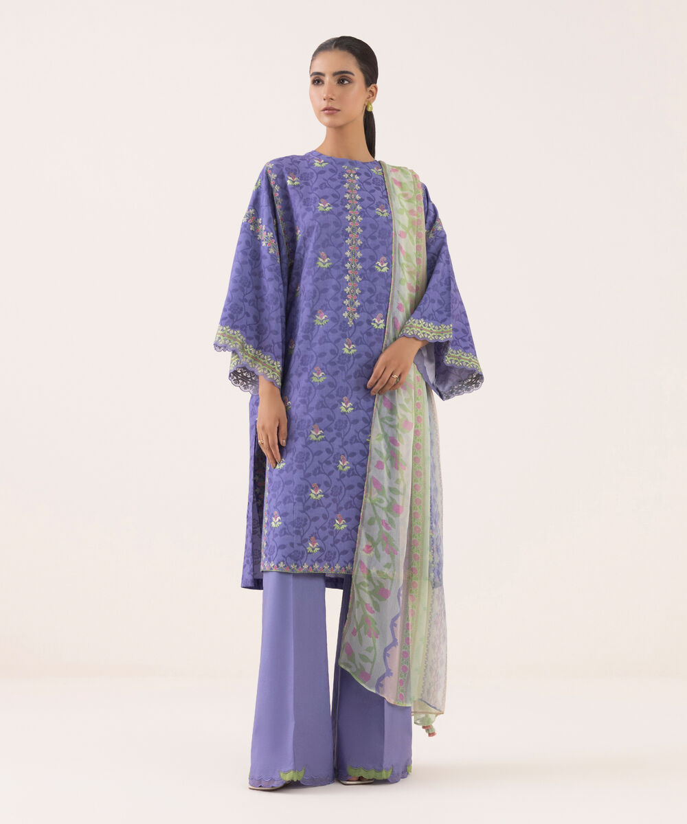 Women's Unstitched Jacquard Embroidered Purple Three Piece Suit