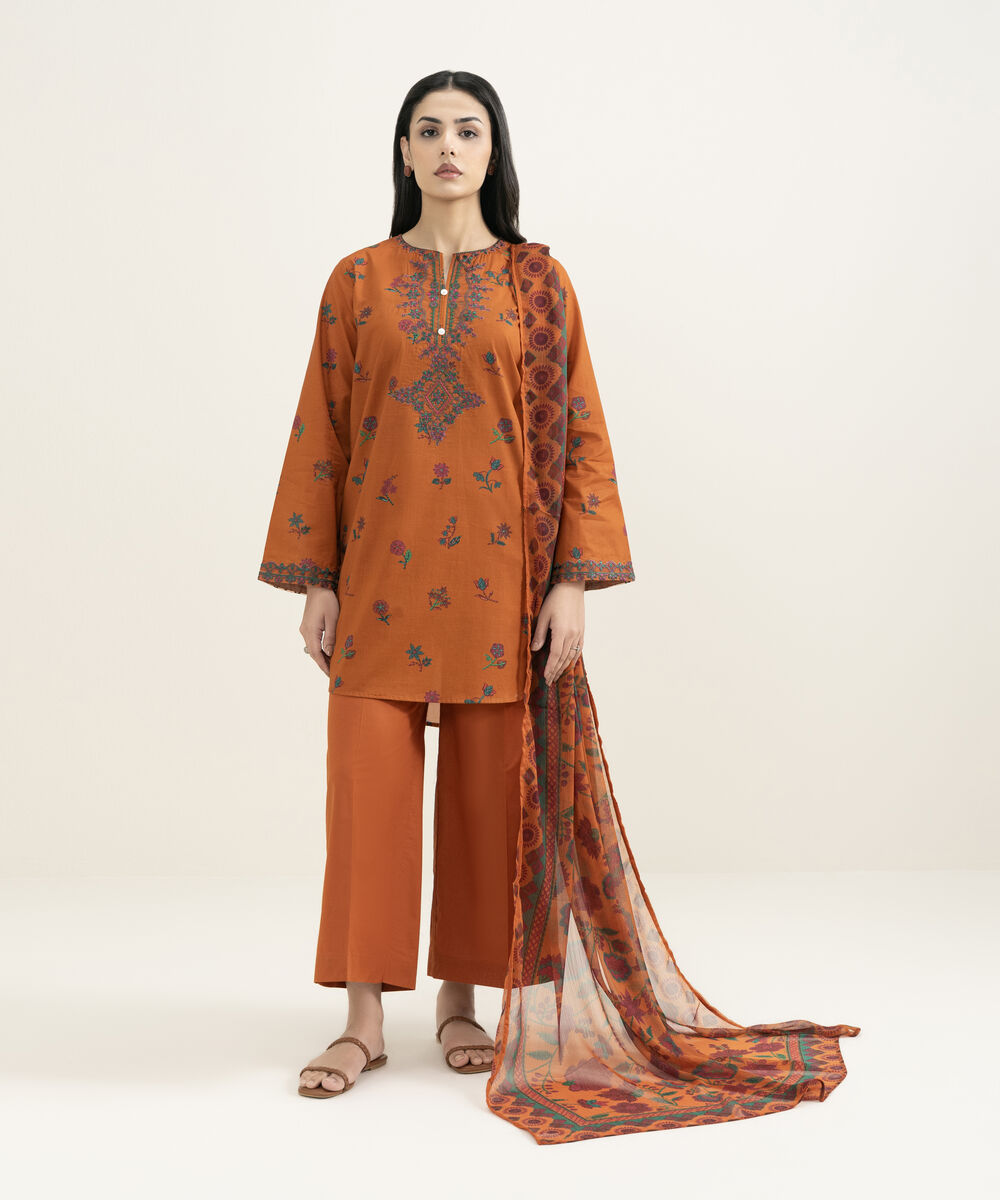Women's RTW Slub Lawn Embroidered Orange Straight Shirt