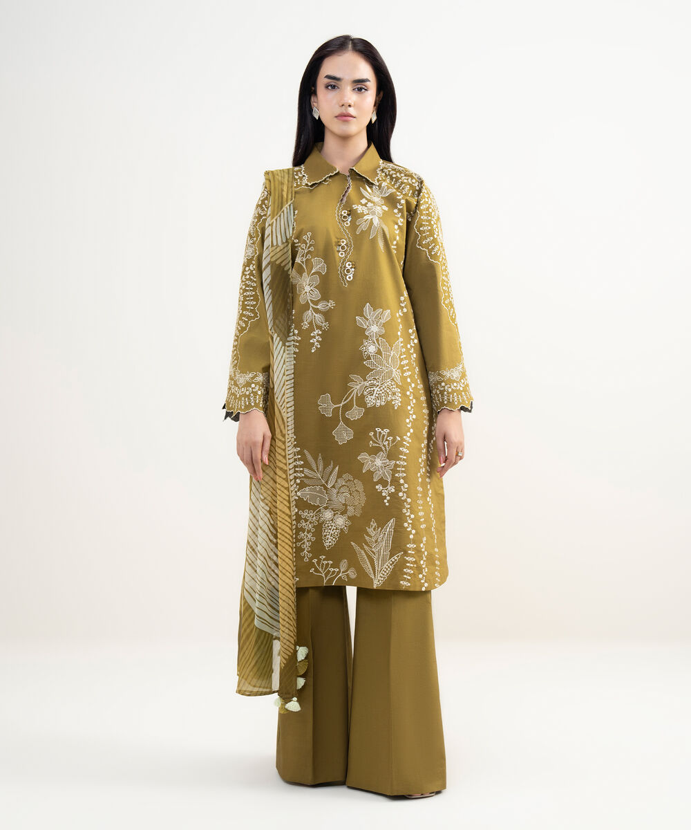Women's Unstitched Textured Lawn Embroidered Brown 3 Piece Suit