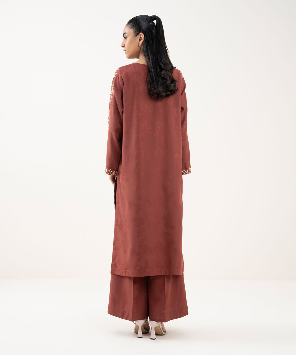 Women's RTW Cotton Jacquard Embroidered Red A-Line Shirt