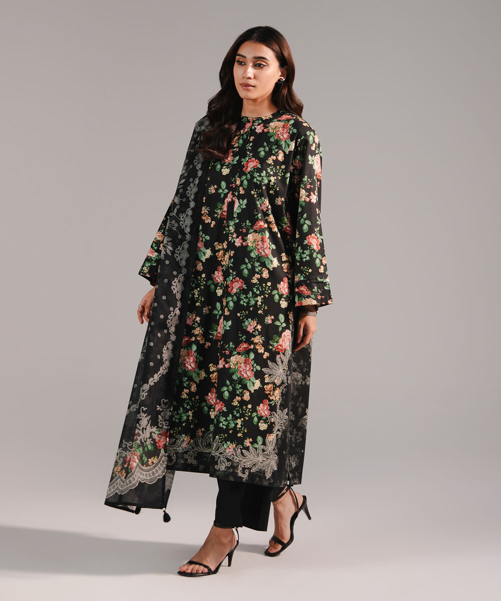 Women's RTW Cotton Viscose Printed Black 2 Piece Suit