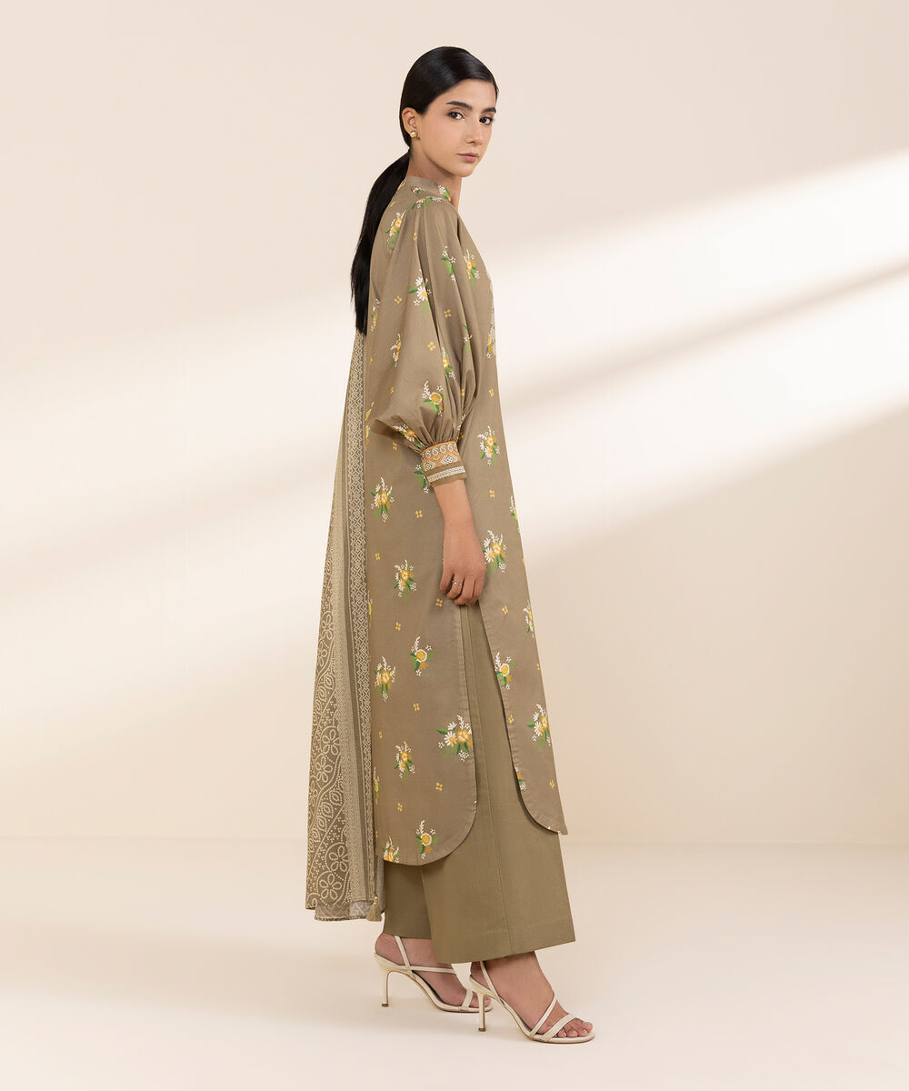 Women's Unstitched Lawn Embroidered Brown 2 Piece Suit