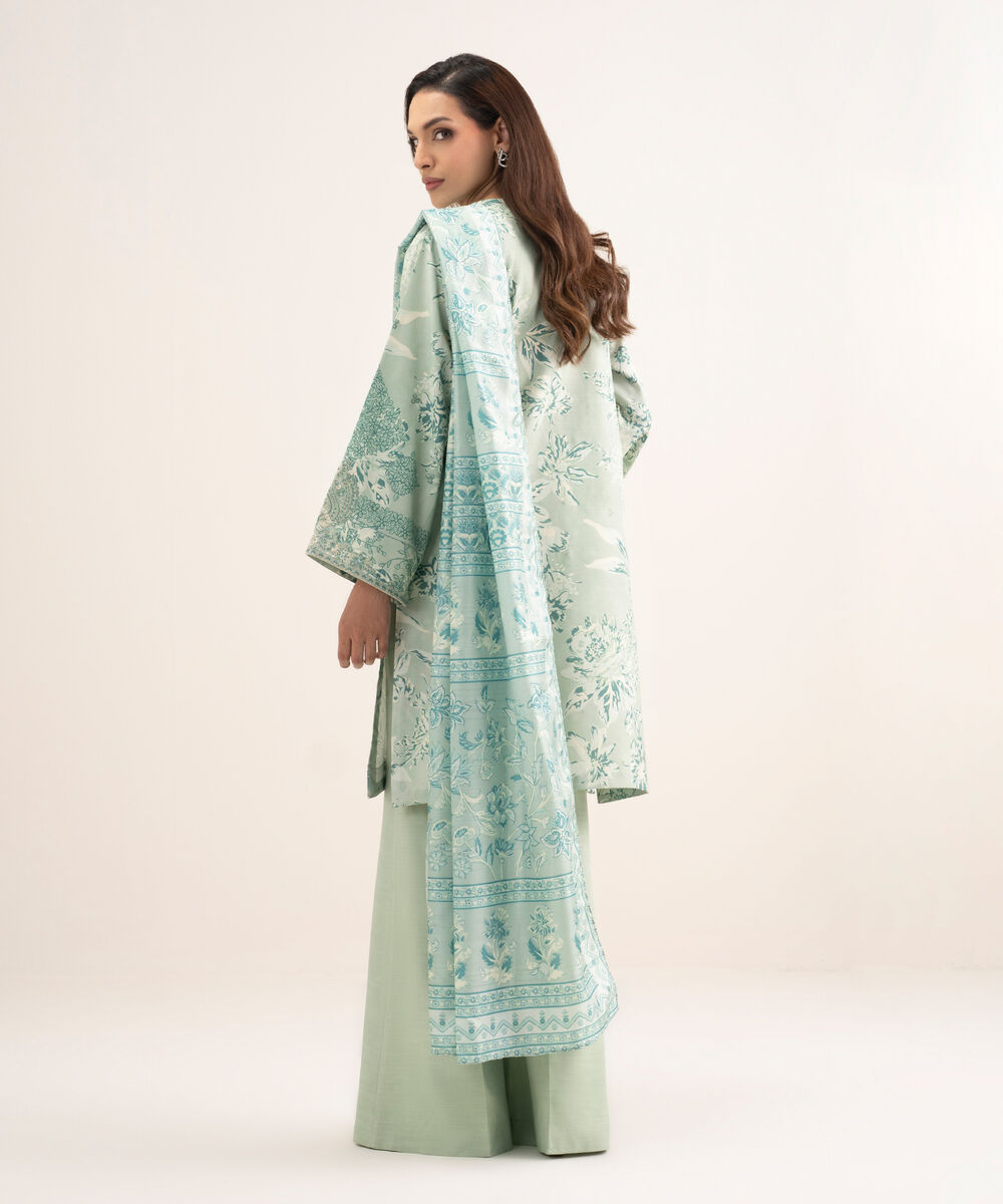Women's Unstitched Raw Silk Embroidered Green 3 Piece Suit