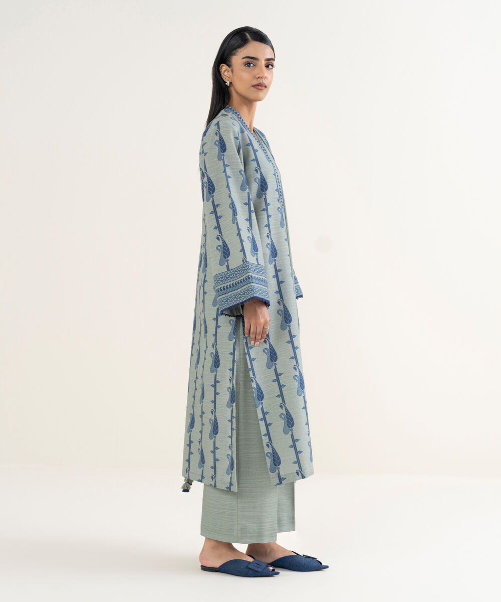Women's Unstitched Printed Khaddar Grey and Blue 3 Piece Suit