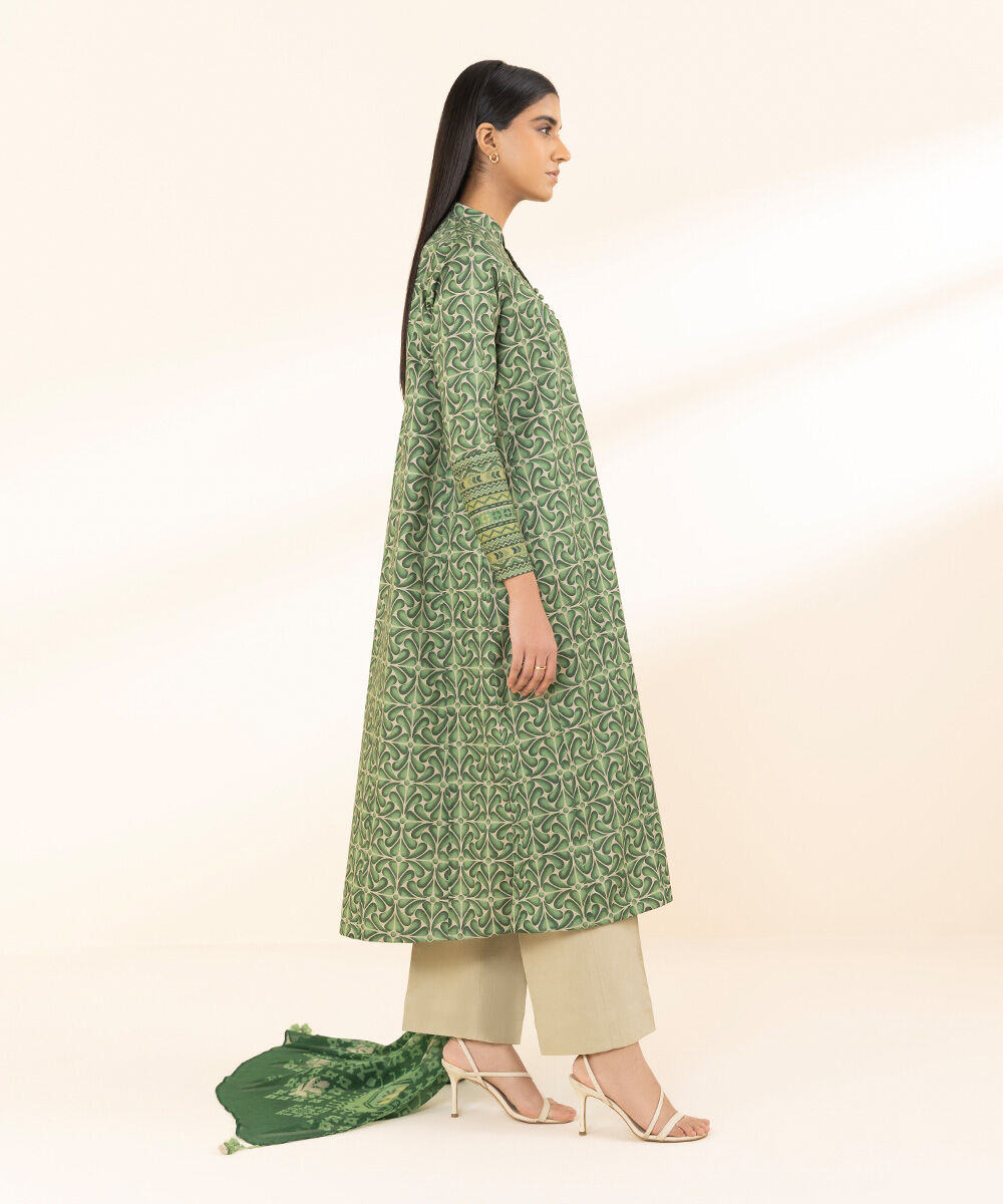 Unstitched Women's Printed Lawn Green Two Piece Suit
