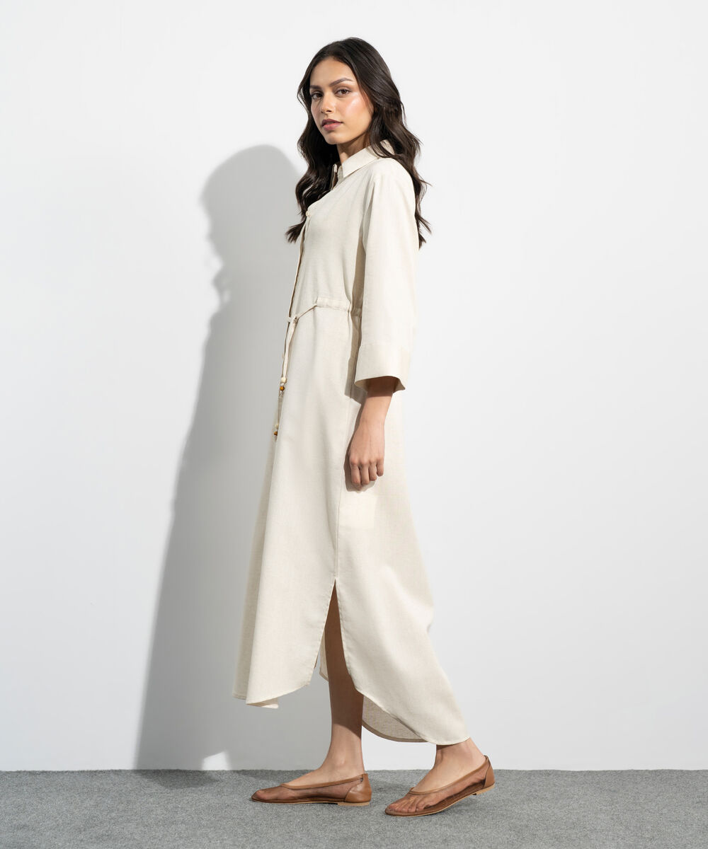 Women's Western Beige Linen Blend Dress With Waist Drawcord