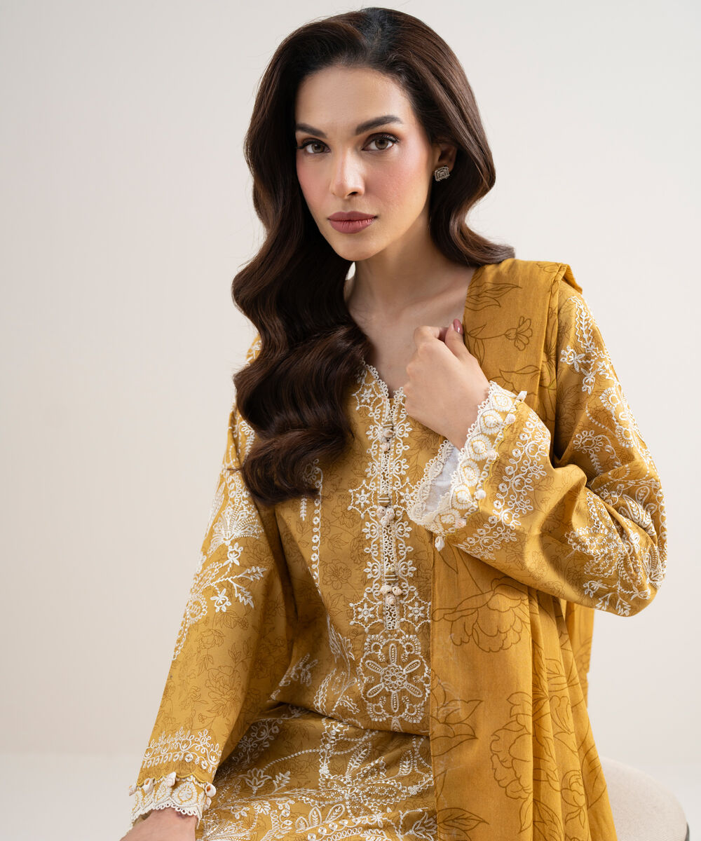 Women's Unstitched Lawn Embroidered Yellow 3 Piece Suit