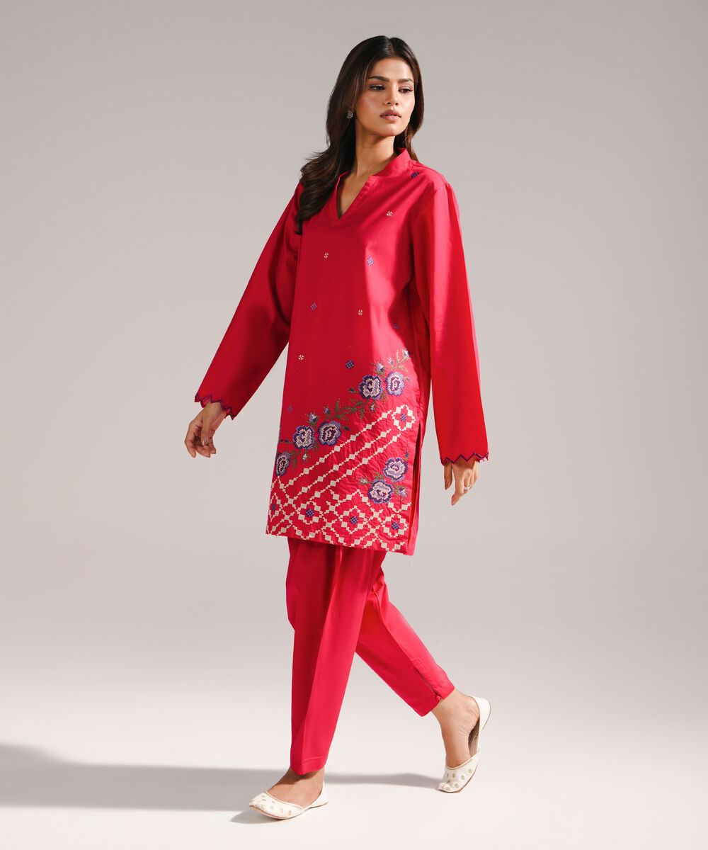 Women's RTW Slub Lawn Embroidered Red Straight Shirt