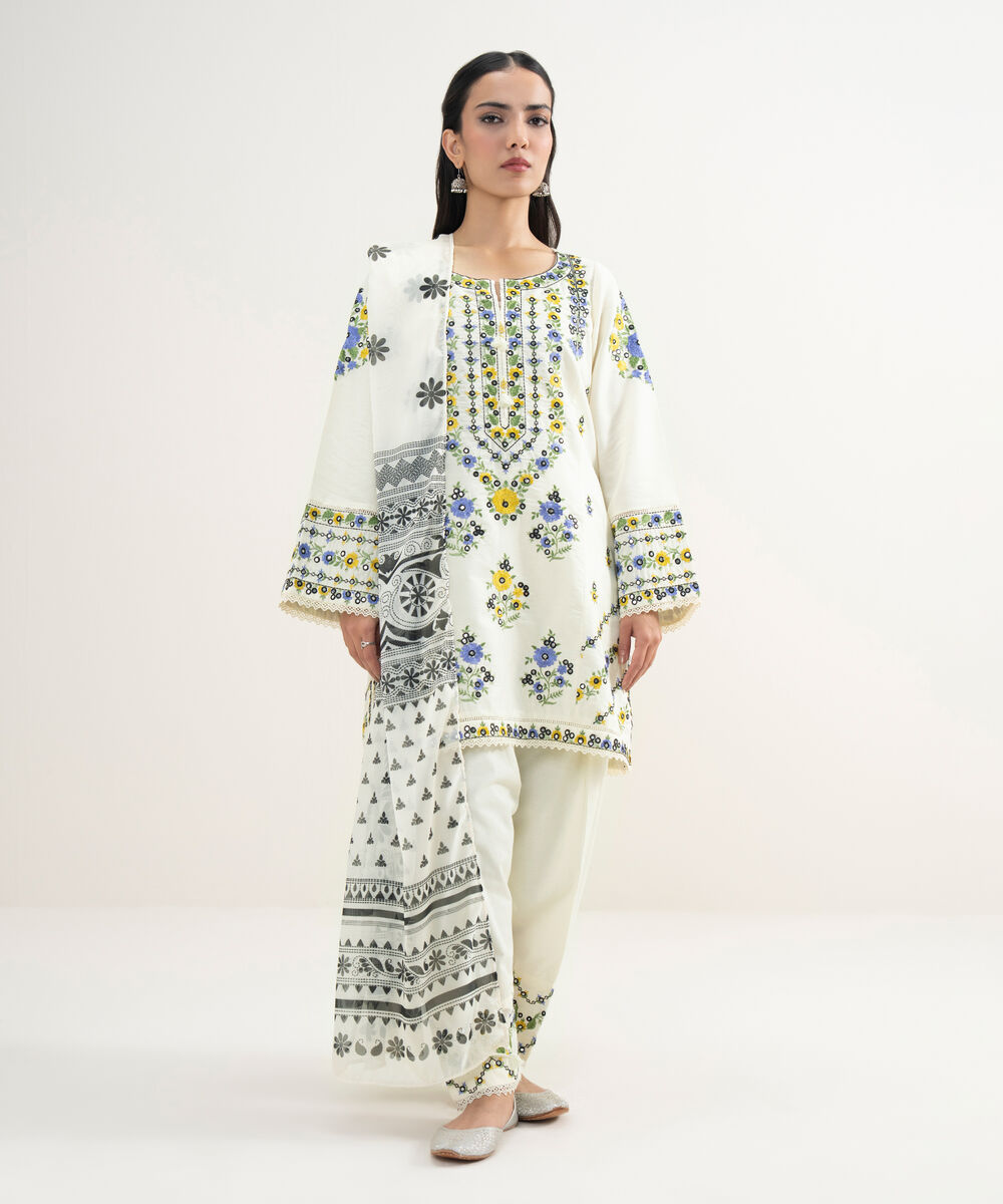 Women's RTW Zari Cotton Embroidered Off White 3 Piece Suit