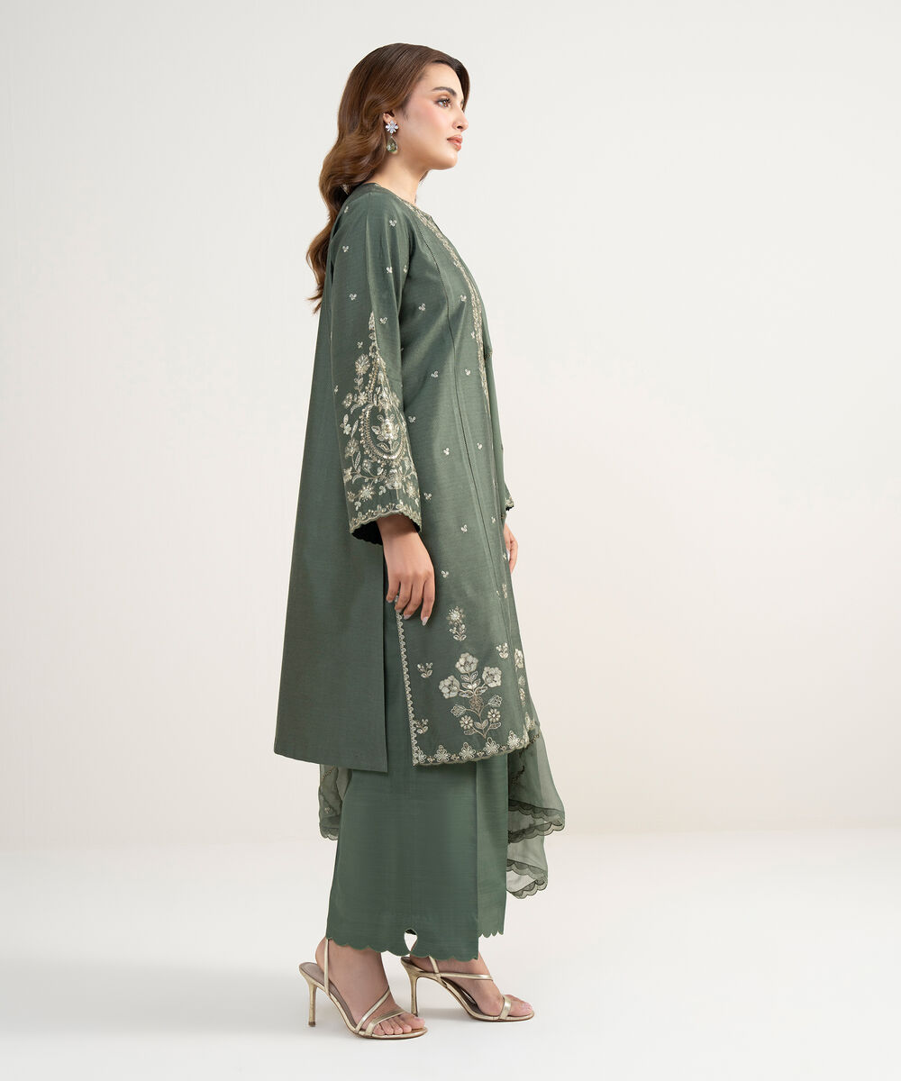 Women's Unstitched Cotton Net Embroidered Green 3 Piece Suit