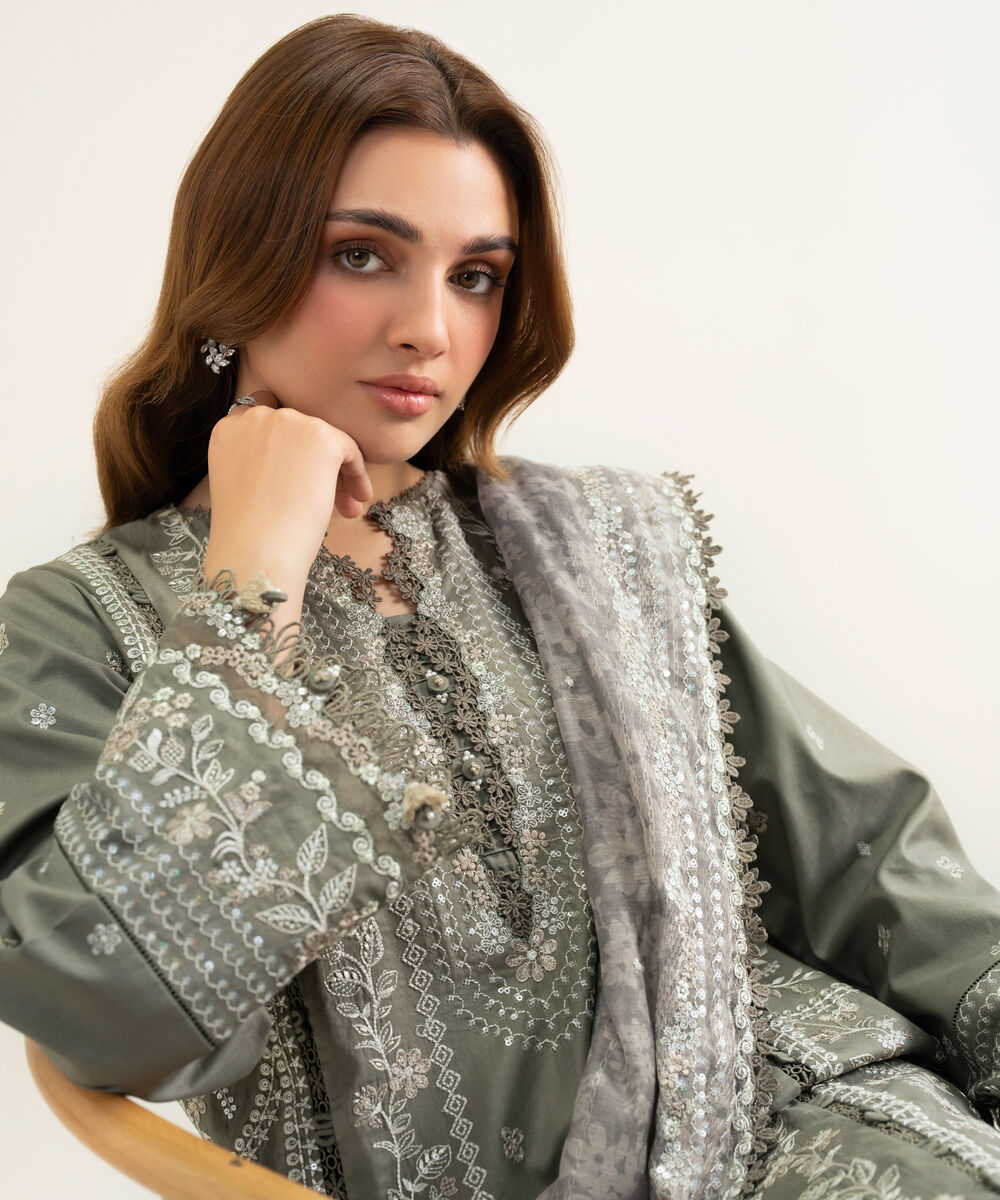 Women's Unstitched Fine Cotton Satin Embroidered Grey 3 Piece Suit