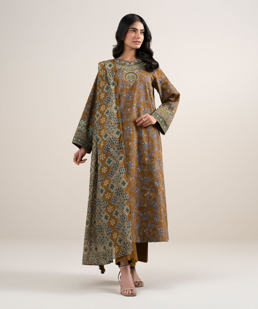 Women's Unstitched Lawn Embroidered Mustard Brown 3 Piece Suit