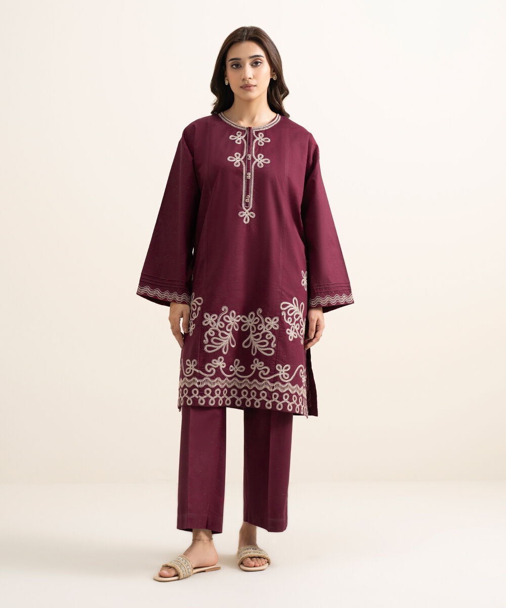 Women's RTW Multi Neps Embroidered Maroon Drop Shoulder Shirt
