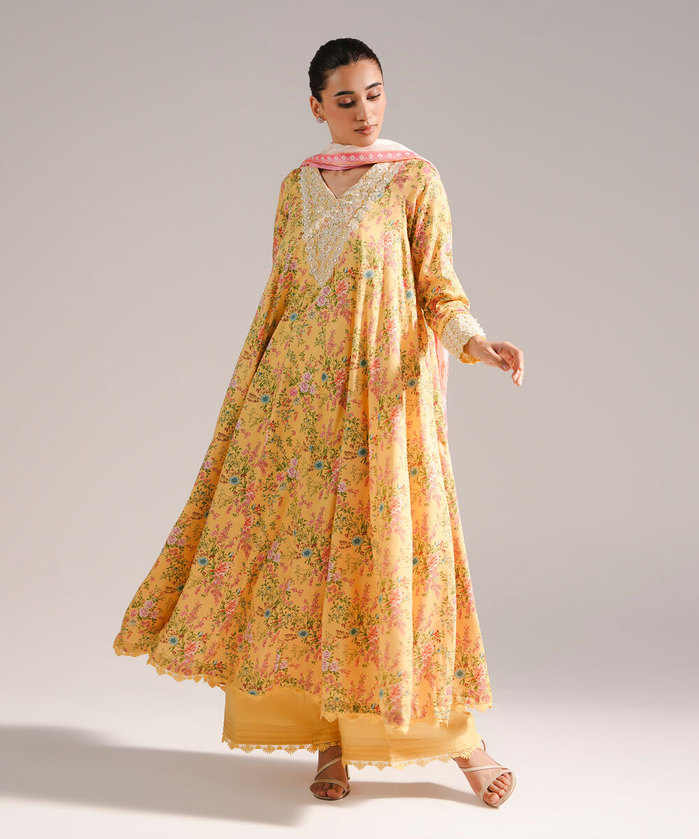 Women's RTW Cotton Satin Embroidered Yellow 3 Piece Suit