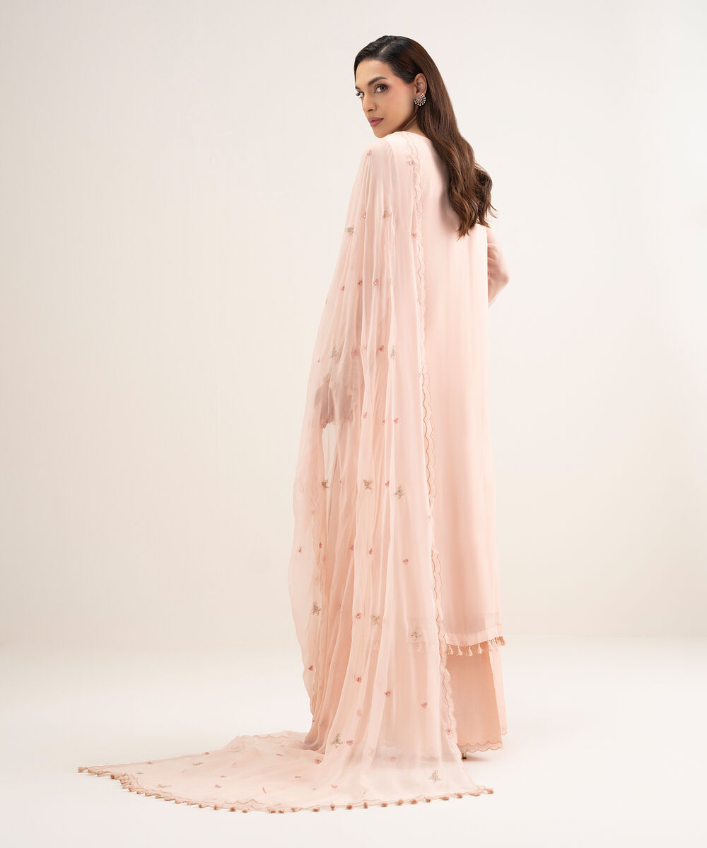 Women's Unstitched Blended Chiffon Embroidered Pink 3 Piece Suit