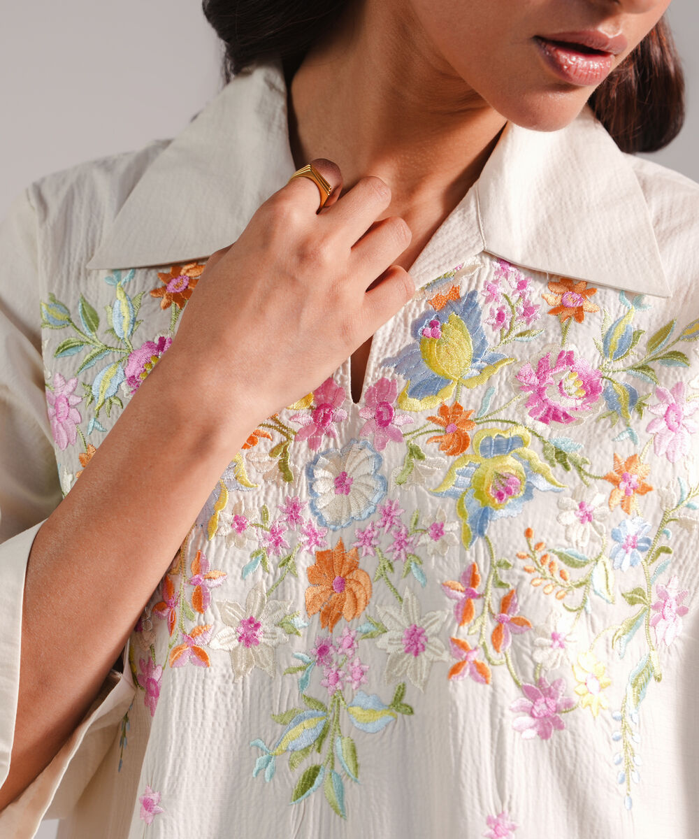 Women's RTW Seersucker Embroidered Off White Straight Shirt