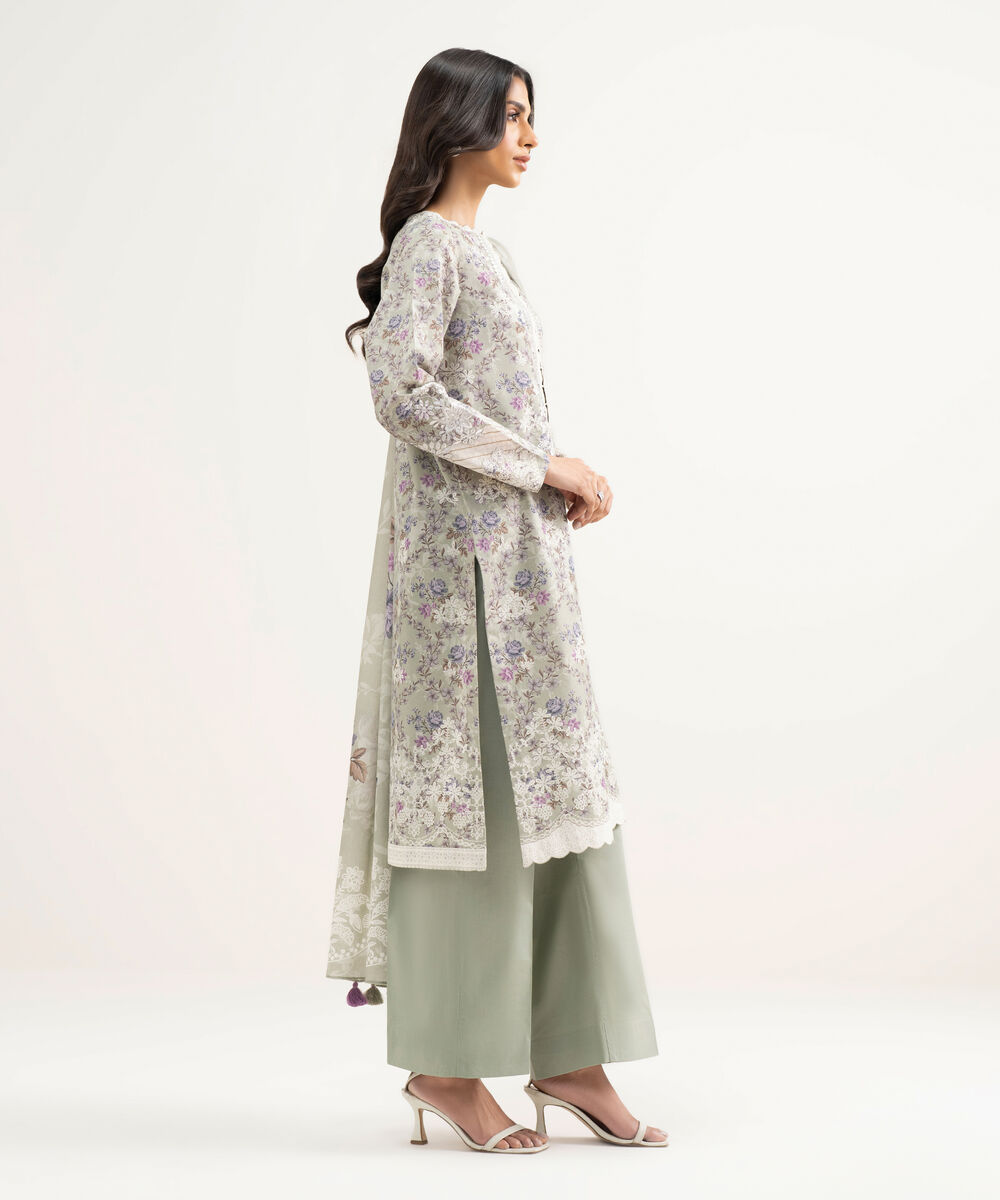 Women's Unstitched Zari Lawn Embroidered Grey 3 Piece Suit
