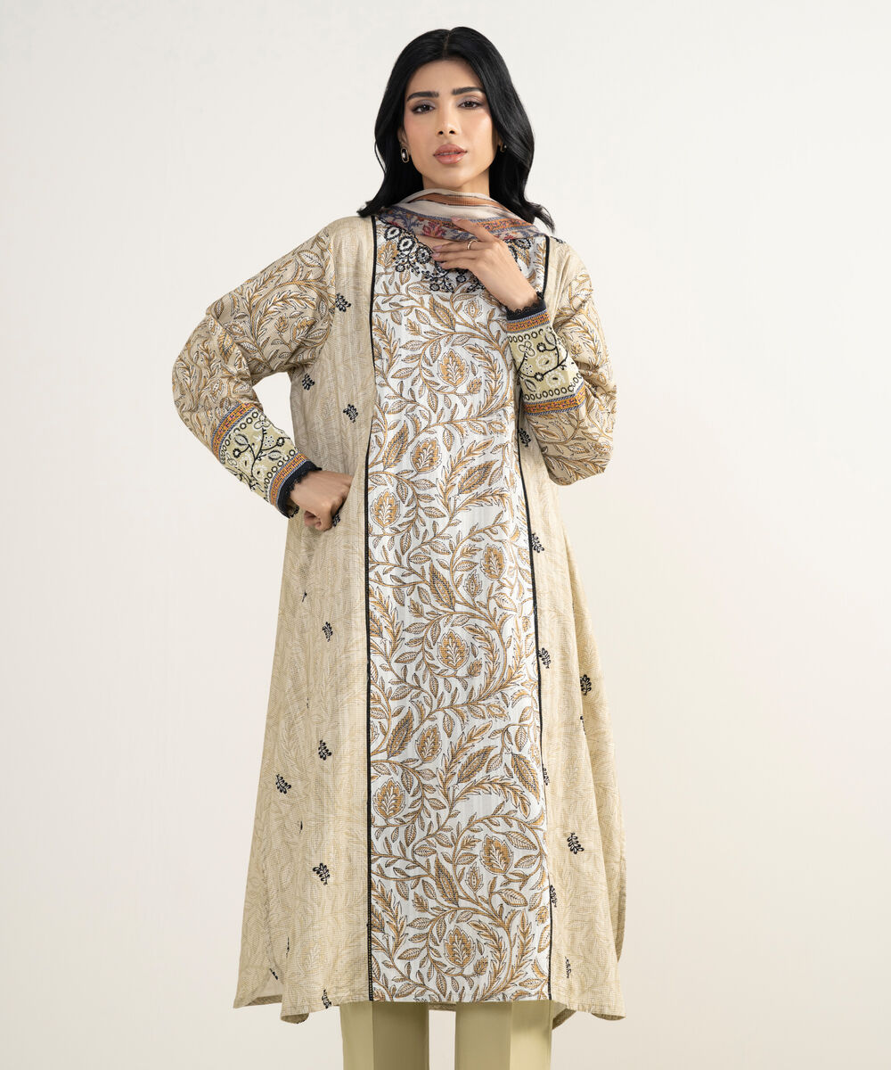 Women's RTW Dobby Embroidered Beige 3 Piece Suit