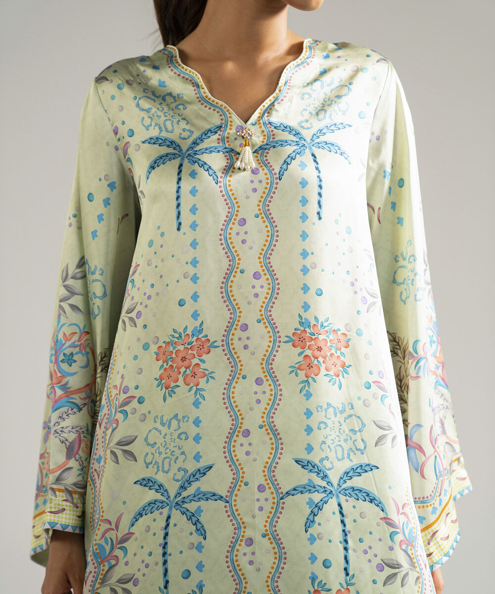 Women's RTW Blended Satin Printed Mint Green 3 Piece Suit