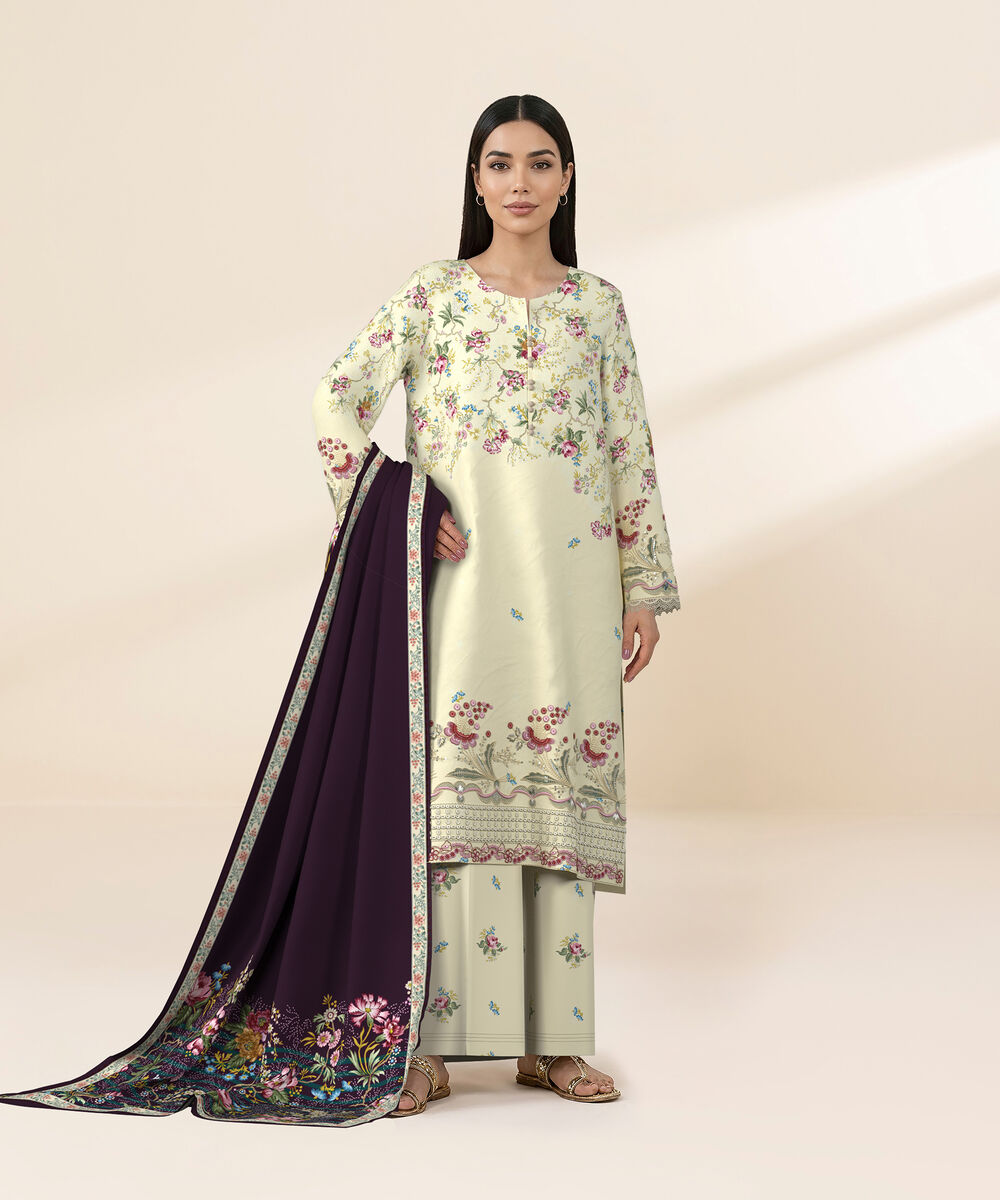 Women's Unstitched Lawn Off White Embroidered 3 Piece Suit