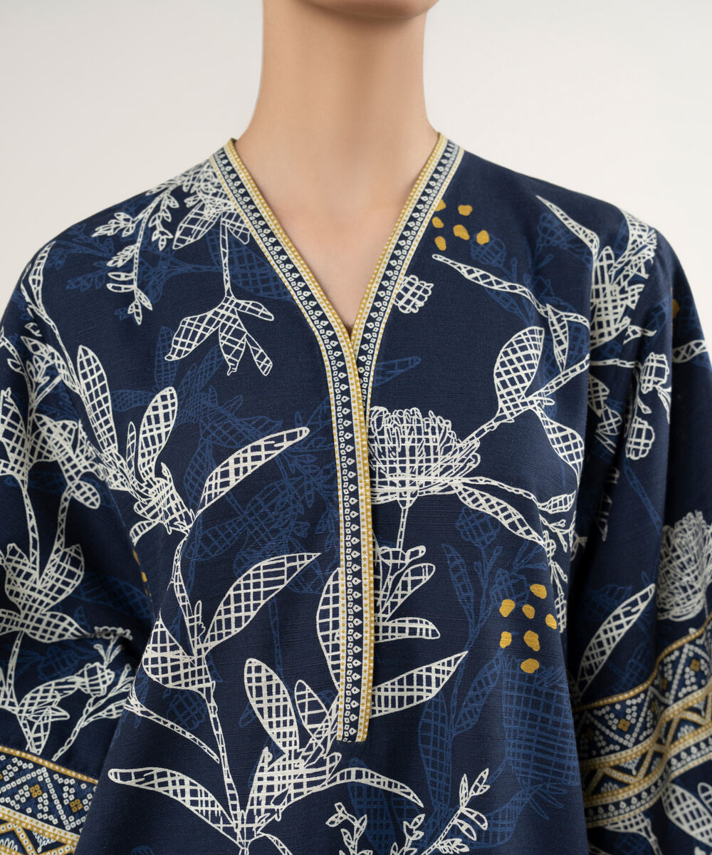 Women's Unstitched Printed Khaddar Mid Night Blue 3 Piece Suit