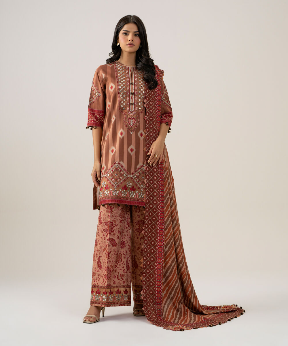Women's Unstitched Linen Printed Tea Pink 3 Piece Suit