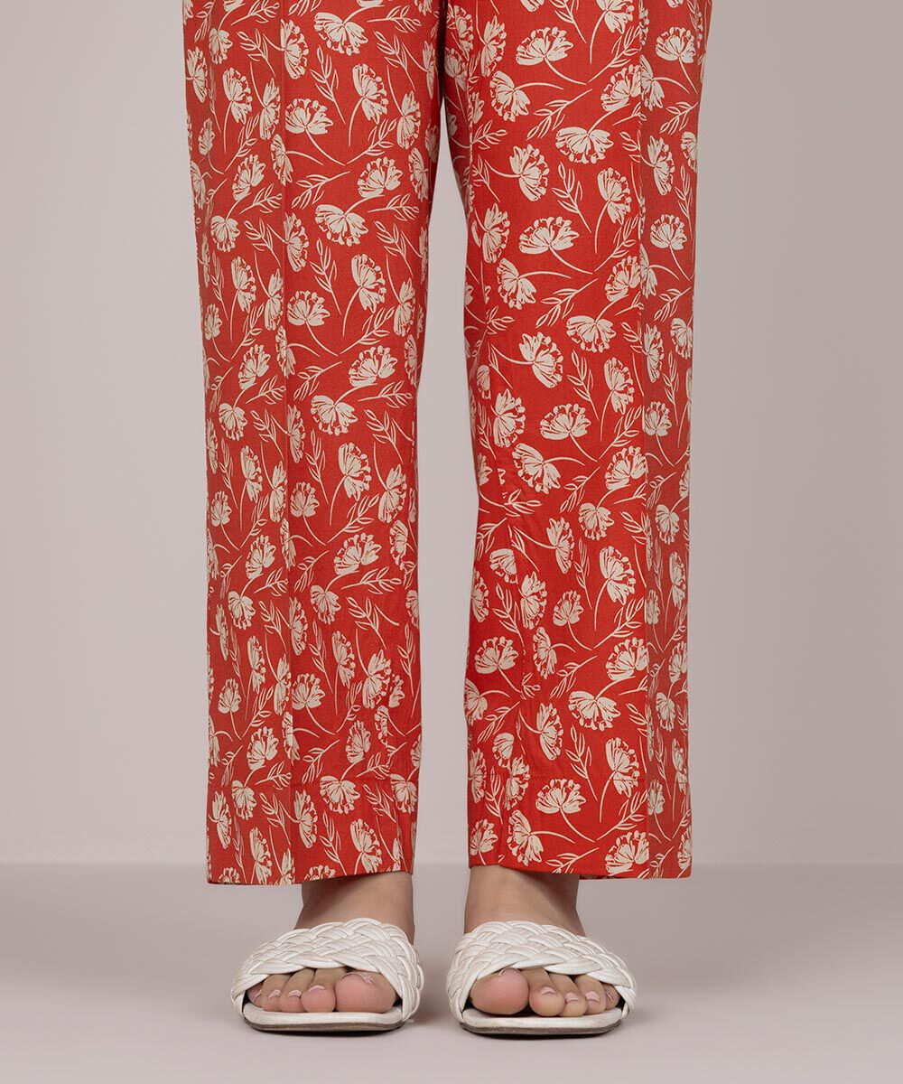 Women's Pret Cotton Orange Printed Straight Pants