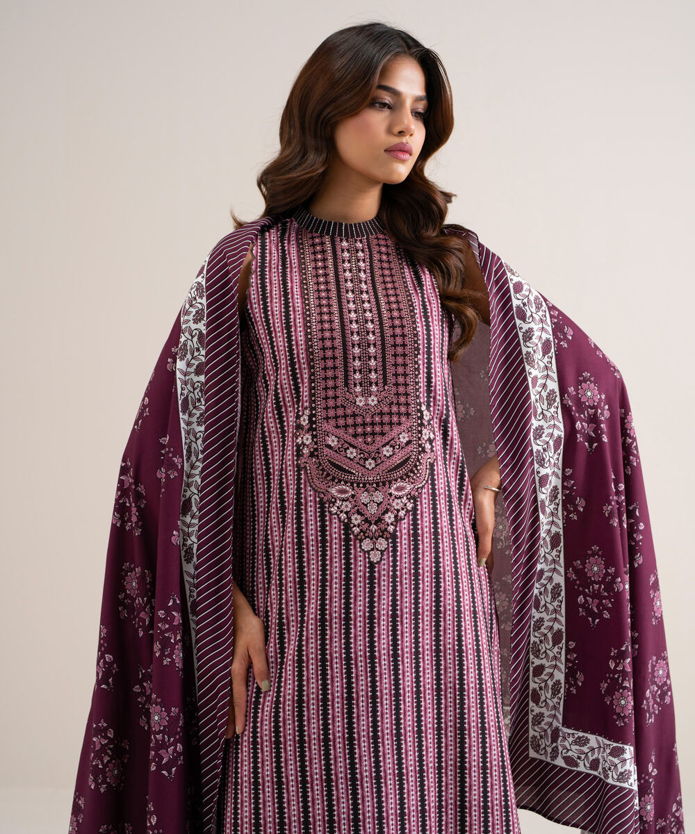 Women's Unstitched Printed Linen Purple 3 Piece Suit