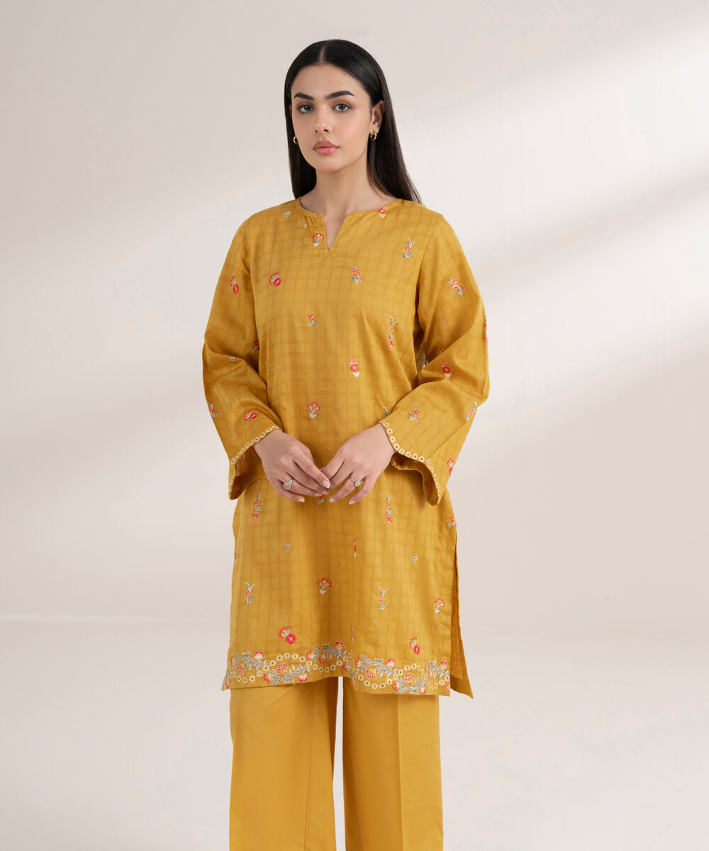 Women's RTW Textured Cotton Embroidered Straight Yellow Shirt