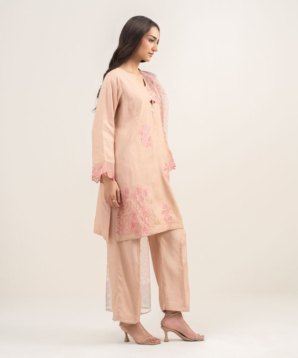 Women's RTW Viscose Raw Silk Embroidered Pink Sand 3 Piece Suit