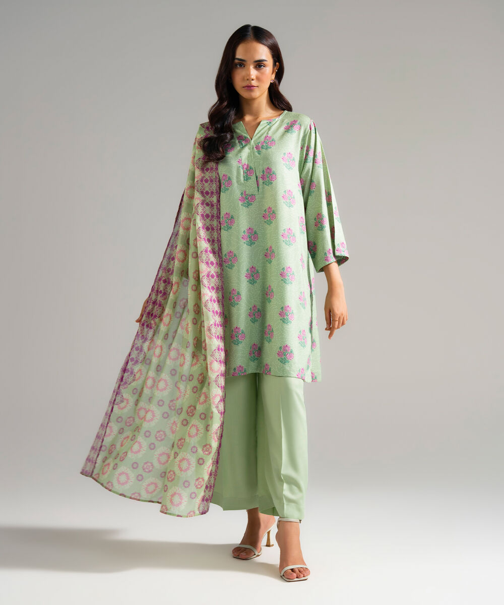 Women's RTW Arabic Lawn Printed Green 3 Piece Suit
